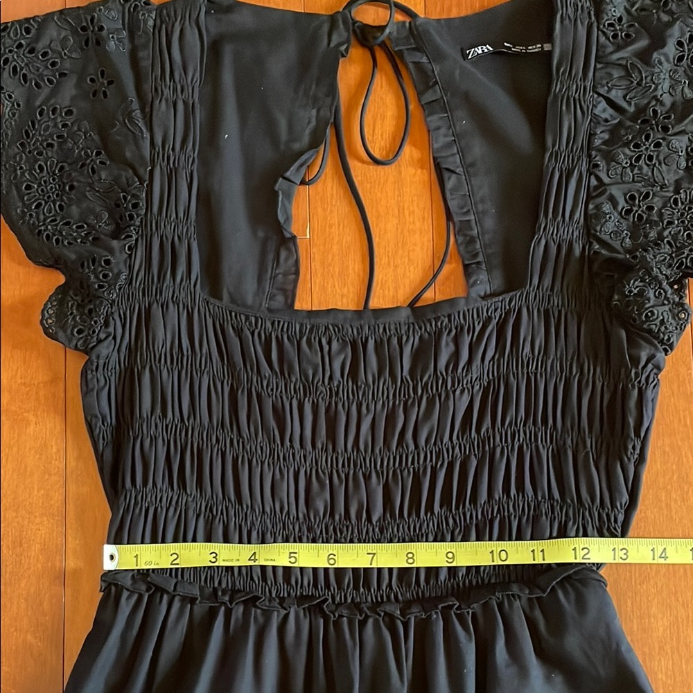 Zara Black Smocked Midi Dress with Eyelet Flutter Sleeves - Picture 4 of 4